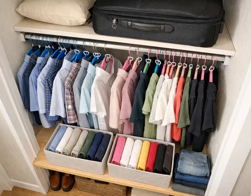 Organized small closet using no-cost hacks: soda tab double-hanging, vertical file-folded clothes, suitcase storage on high shelf, and color-coded hangers for shared closet.