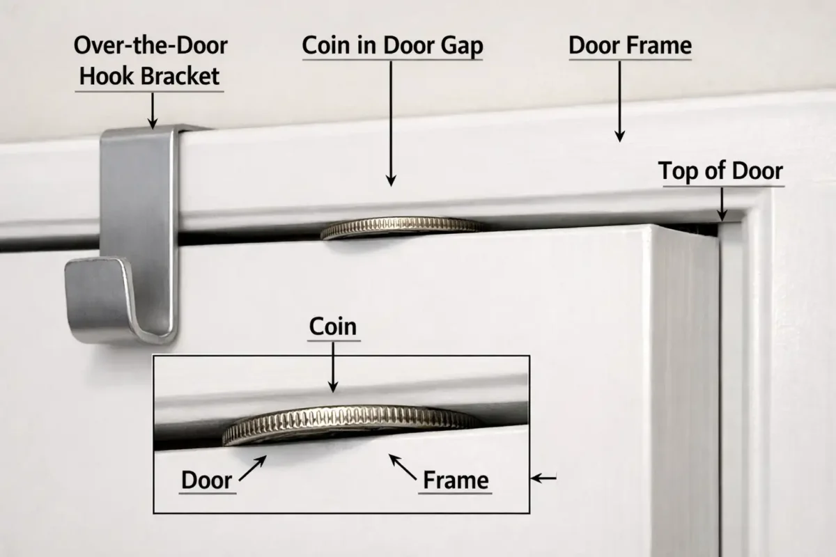 Coin test showing door clearance for over-the-door hook installation
