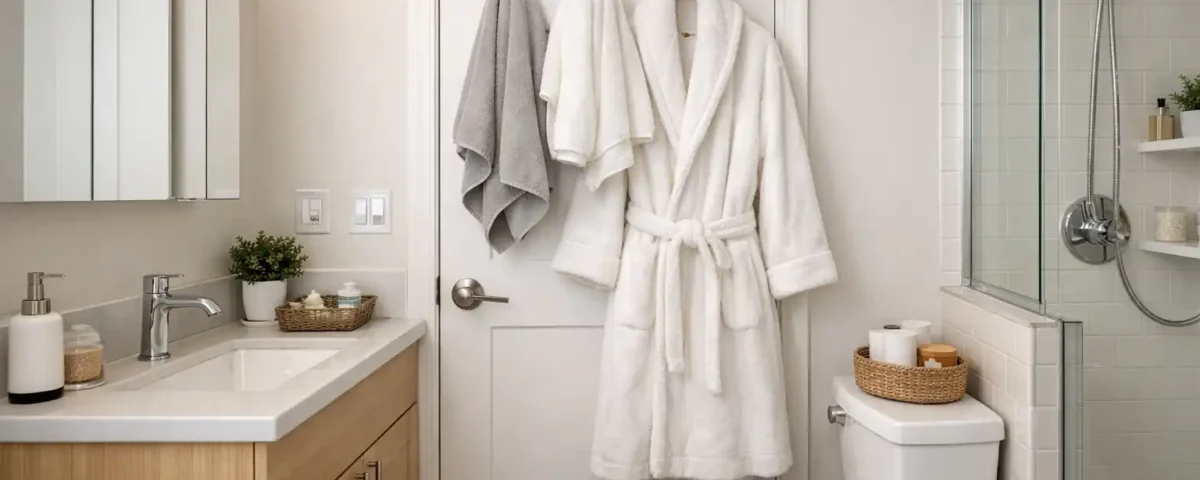 Over-the-door hooks holding towels and a robe in a small renter bathroom