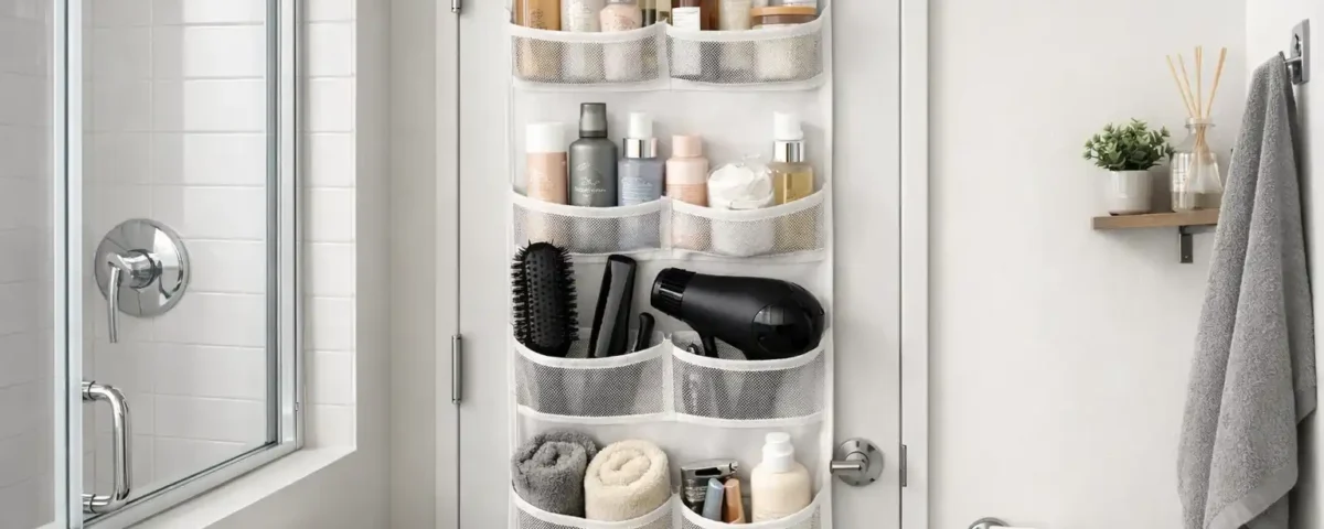 Over-the-door pocket organizer used for DIY bathroom storage in a small rental apartment