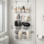 Over-the-door pocket organizer used for DIY bathroom storage in a small rental apartment