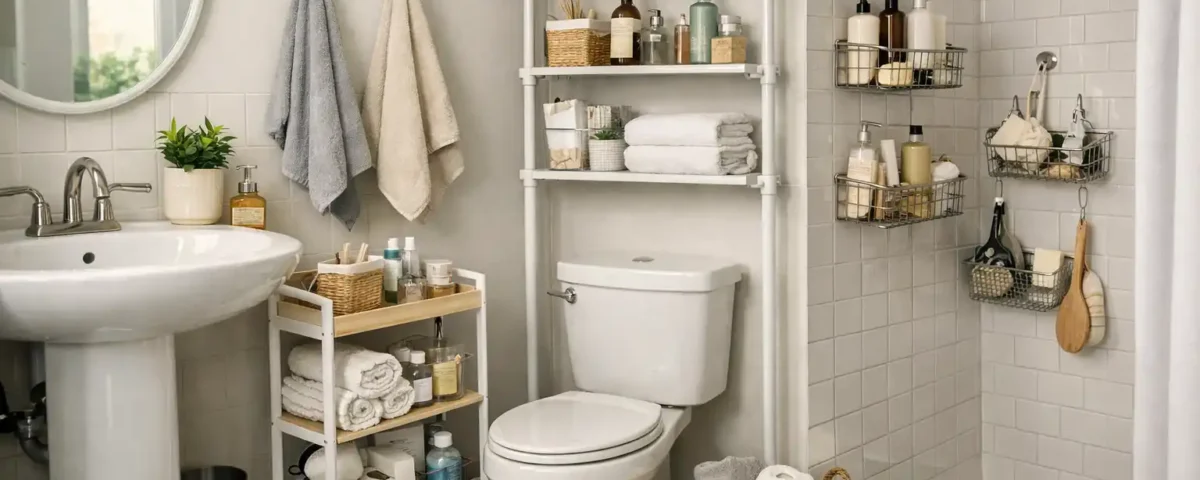 Small rental bathroom organized with no-drill storage solutions including rolling cart, adhesive hooks, and tension shelving