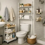 Small rental bathroom organized with no-drill storage solutions including rolling cart, adhesive hooks, and tension shelving