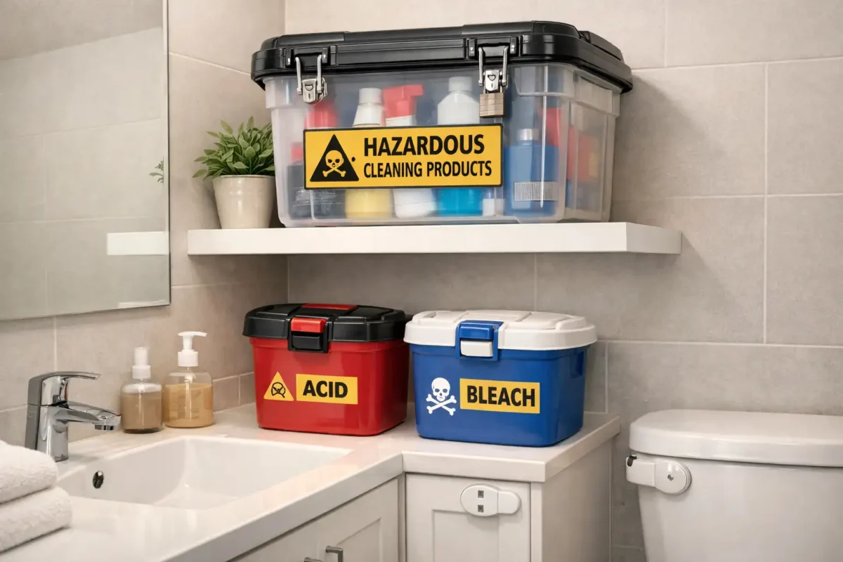 Locked, labeled storage bin holding hazardous cleaning products on a high shelf in a small bathroom.