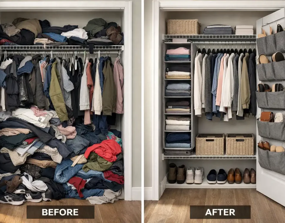 Small apartment closet before and after organization using hanging fabric shelves and over-the-door storage