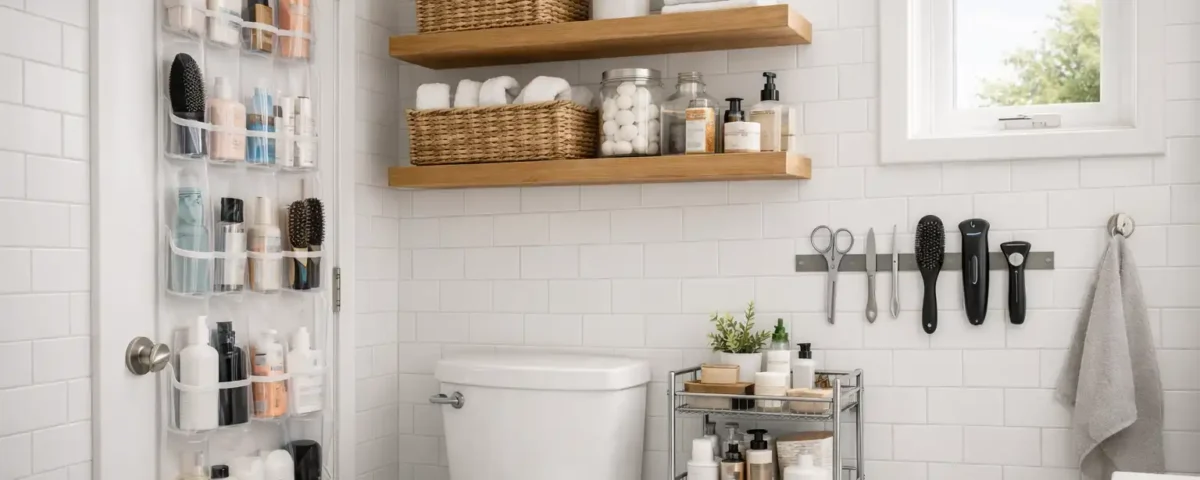 Small bathroom without cabinets organized with floating shelves, over-door storage, and rolling cart - renter-friendly organization solutions
