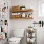 Small bathroom without cabinets organized with floating shelves, over-door storage, and rolling cart - renter-friendly organization solutions