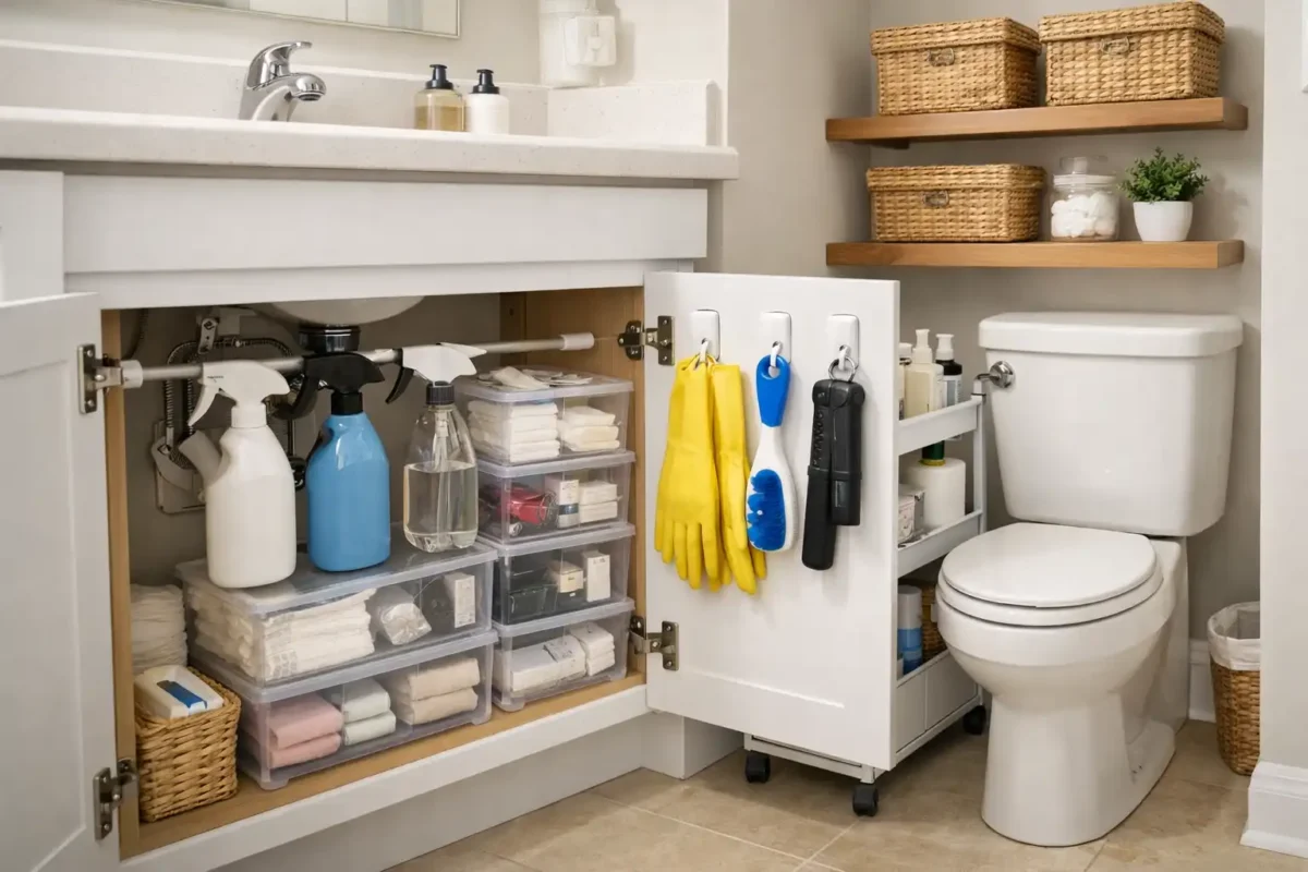 Small bathroom storage setup showing under-sink tension rod, slim rolling cart, floating shelves, and door-mounted hooks for cleaning supplies.