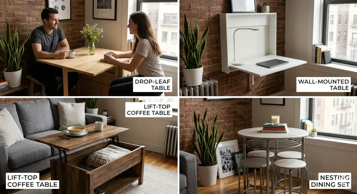 4-panel visual comparison of space-saving small apartment dining tables featuring a drop-leaf table, a wall-mounted folding desk, a lift-top coffee table, and a nesting dining set.