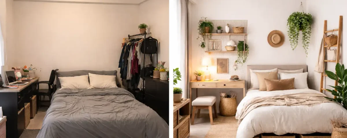 Organic modern bedroom transformation in 10x12 ft rental using biophilic zoning, floating earth baskets, and vertical linen ladder.