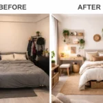 Organic modern bedroom transformation in 10x12 ft rental using biophilic zoning, floating earth baskets, and vertical linen ladder.