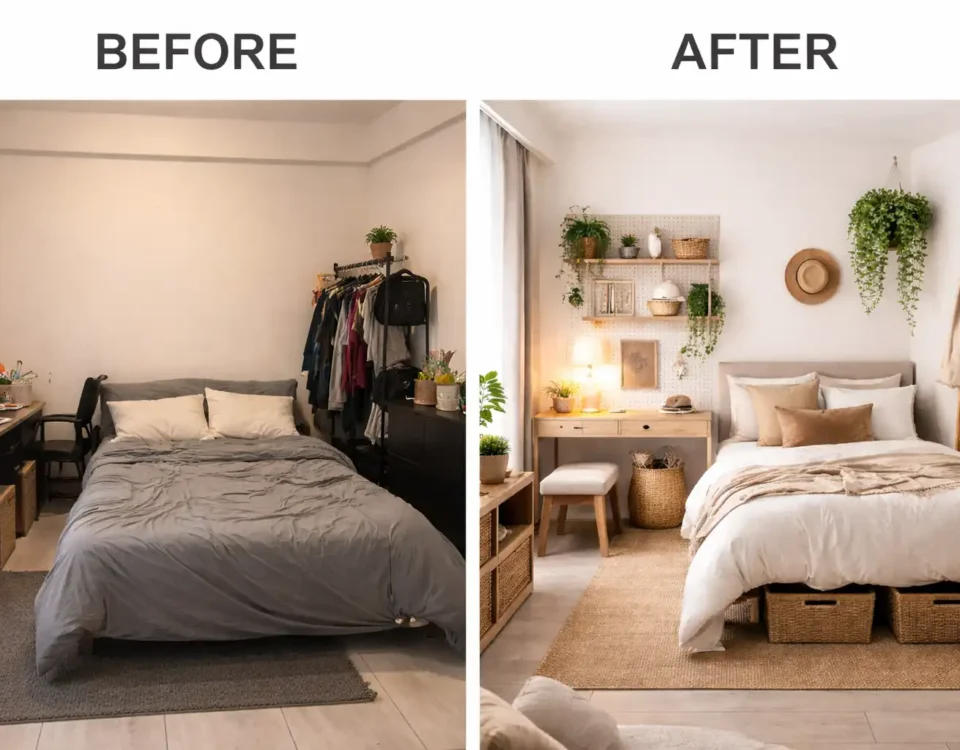 Organic modern bedroom transformation in 10x12 ft rental using biophilic zoning, floating earth baskets, and vertical linen ladder.