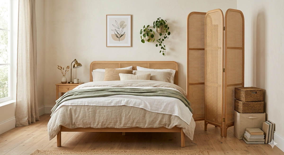 Freestanding rattan room divider as organic modern headboard with hidden storage.