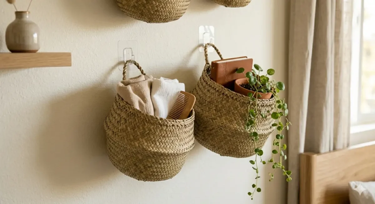 Renter-friendly wall storage using seagrass baskets organic modern bedroom.