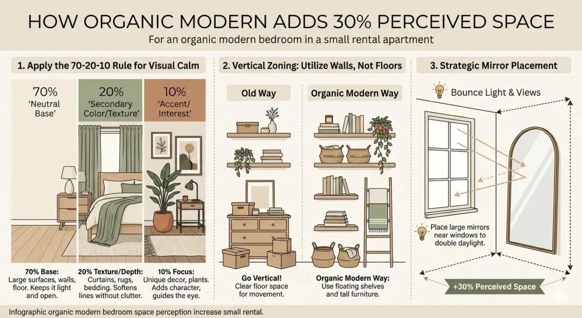 nfographic organic modern bedroom space perception increase small rental.