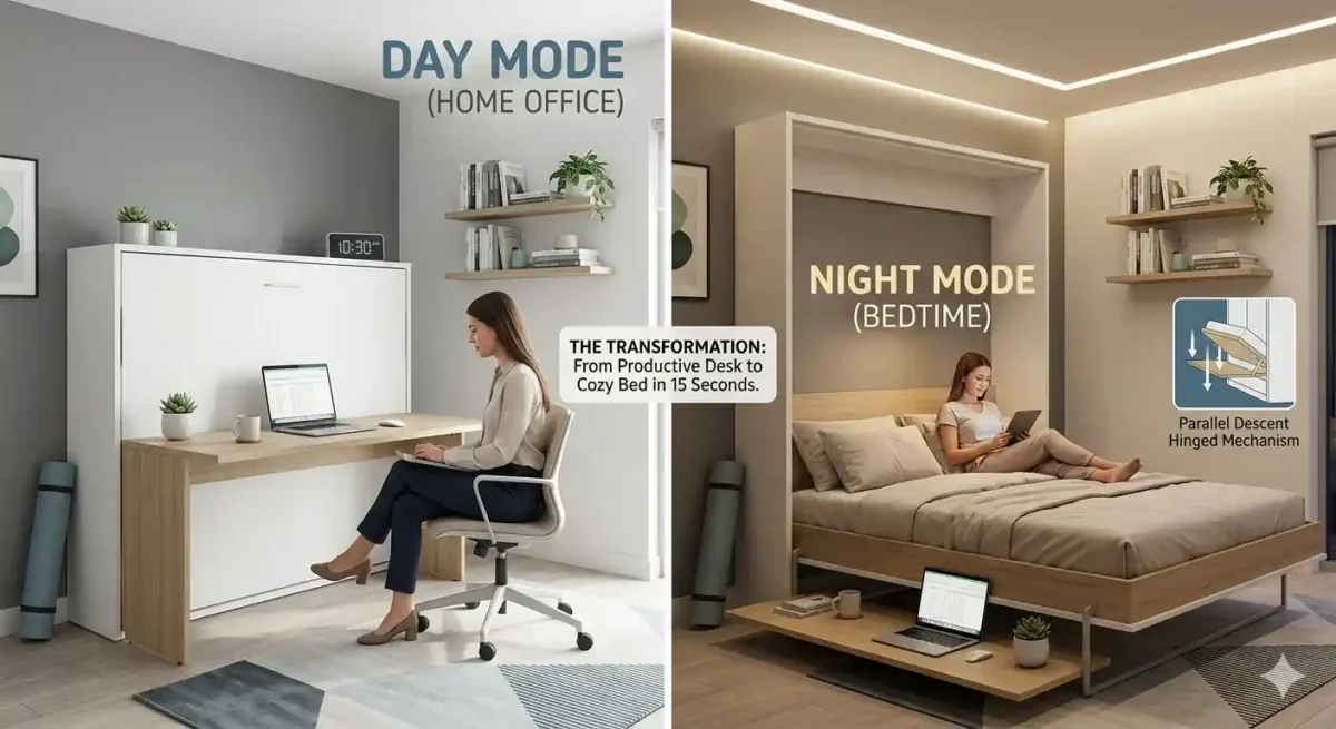 A split-panel visualization of a space-saving Murphy desk bed transformation, showing Day Mode with a desk in use and Night Mode with the bed lowered in a small studio apartment.