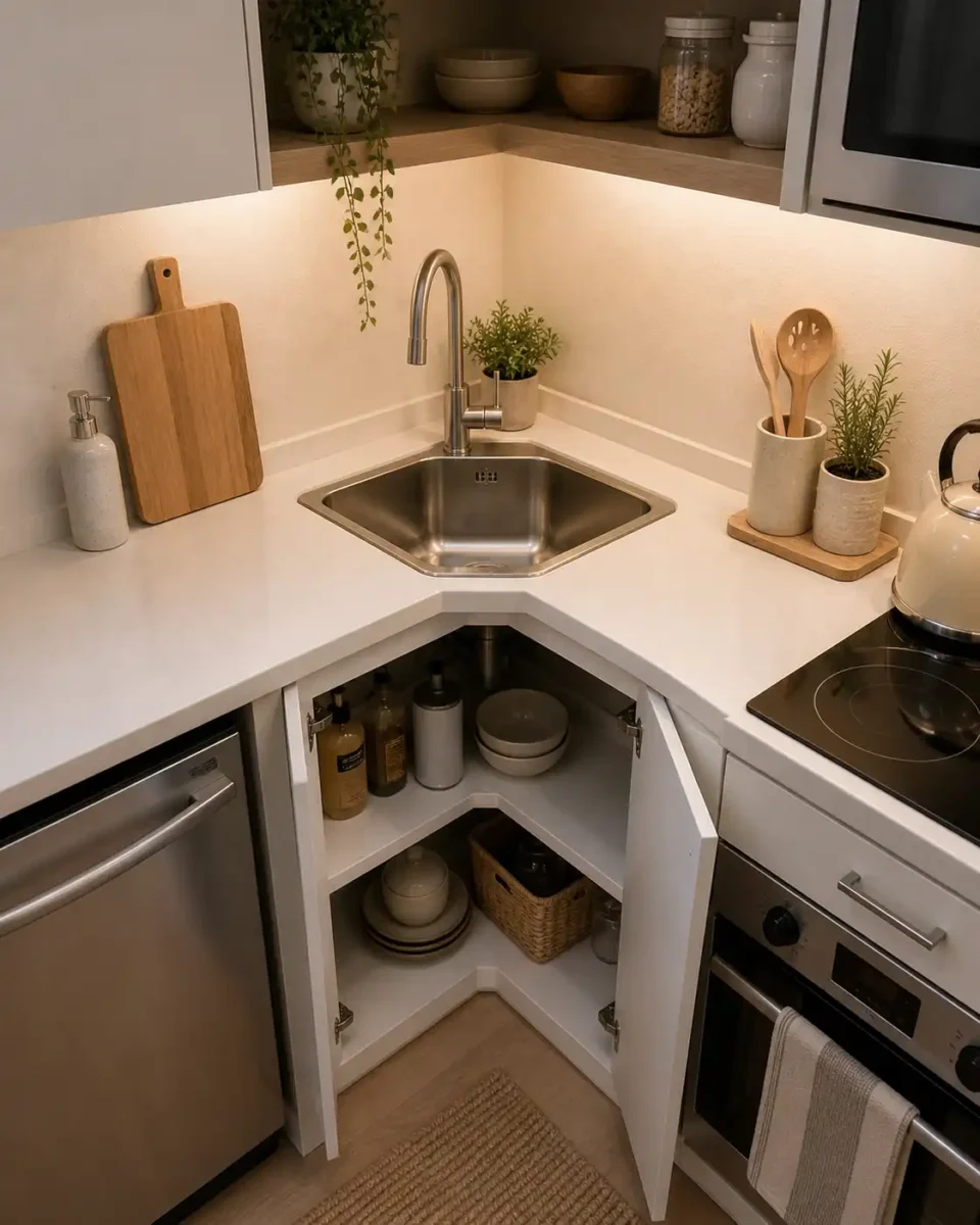 Corner kitchen sink installed to utilize unused space in a small apartment.