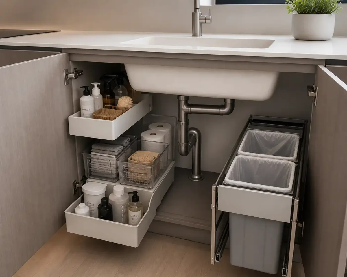 Under-sink storage with offset drain creating more usable space.