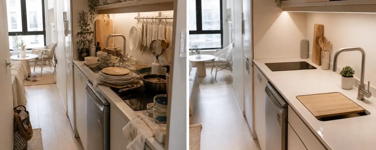 Before and after of a small studio kitchen showing a bulky sink replaced with a compact 15-inch space-saving sink.