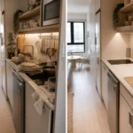 Before and after of a small studio kitchen showing a bulky sink replaced with a compact 15-inch space-saving sink.