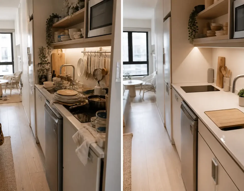 Before and after of a small studio kitchen showing a bulky sink replaced with a compact 15-inch space-saving sink.