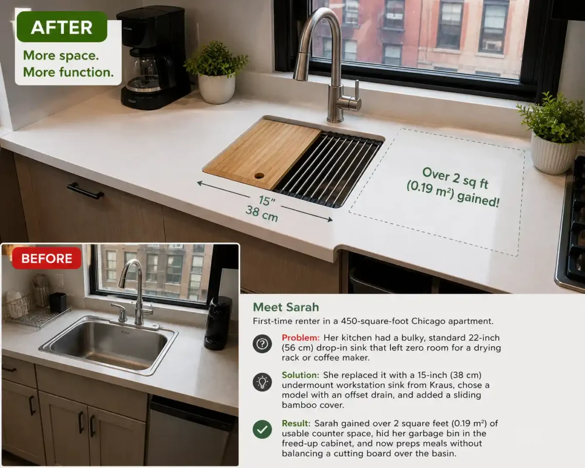 Small studio kitchen upgraded with compact sink creating more usable counter space.