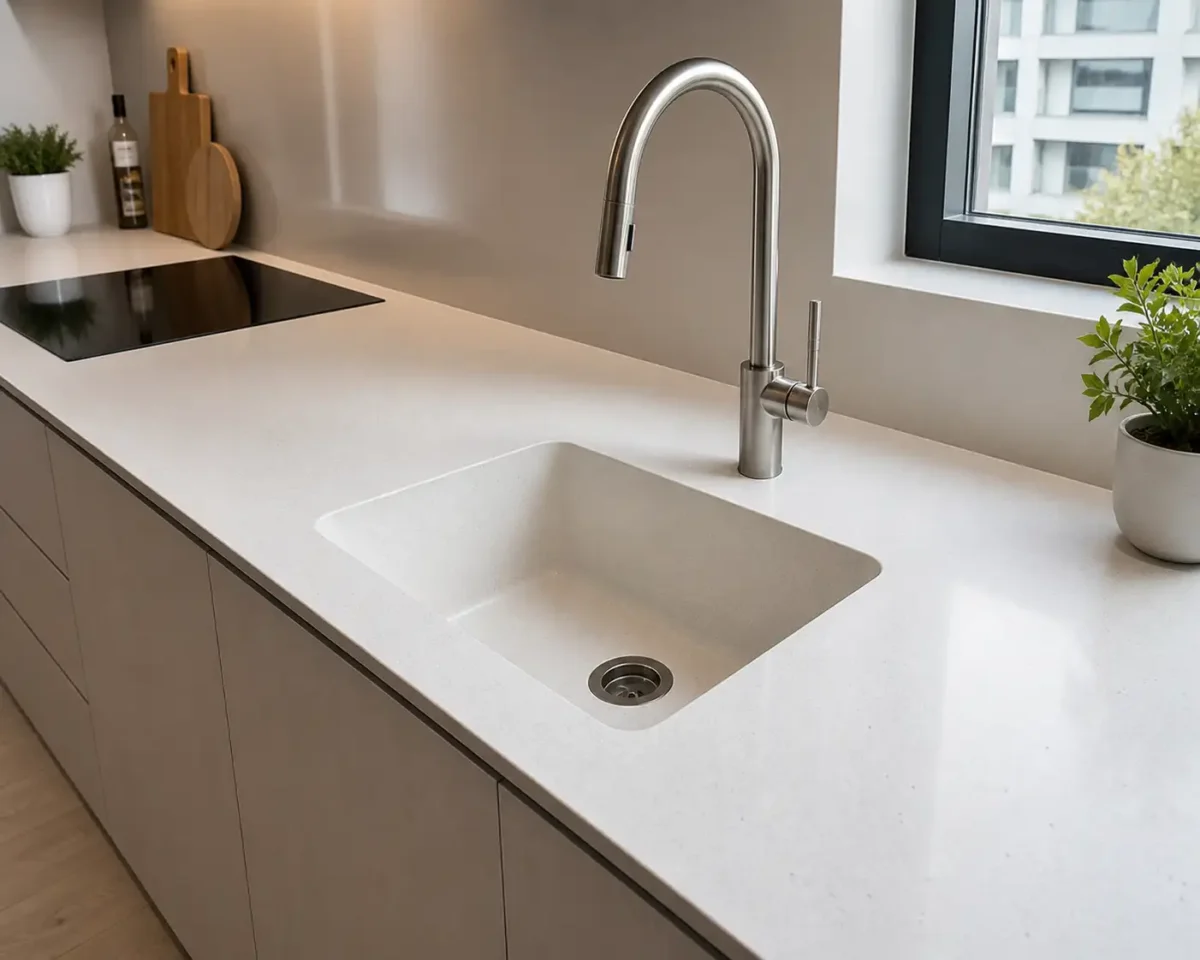 Small kitchen with an undermount sink installed under a quartz countertop.