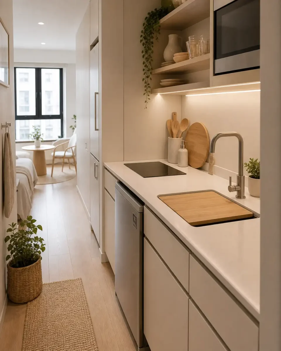 Small bathroom with a wall-mounted floating sink and open storage underneath.