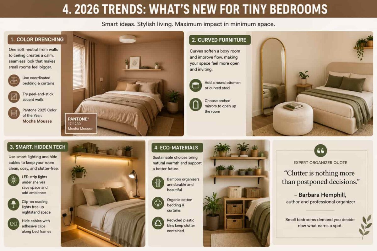 Modern small bedroom showcasing 2026 design trends including color drenching, curved furniture, hidden LED lighting, and eco-friendly storage materials.
