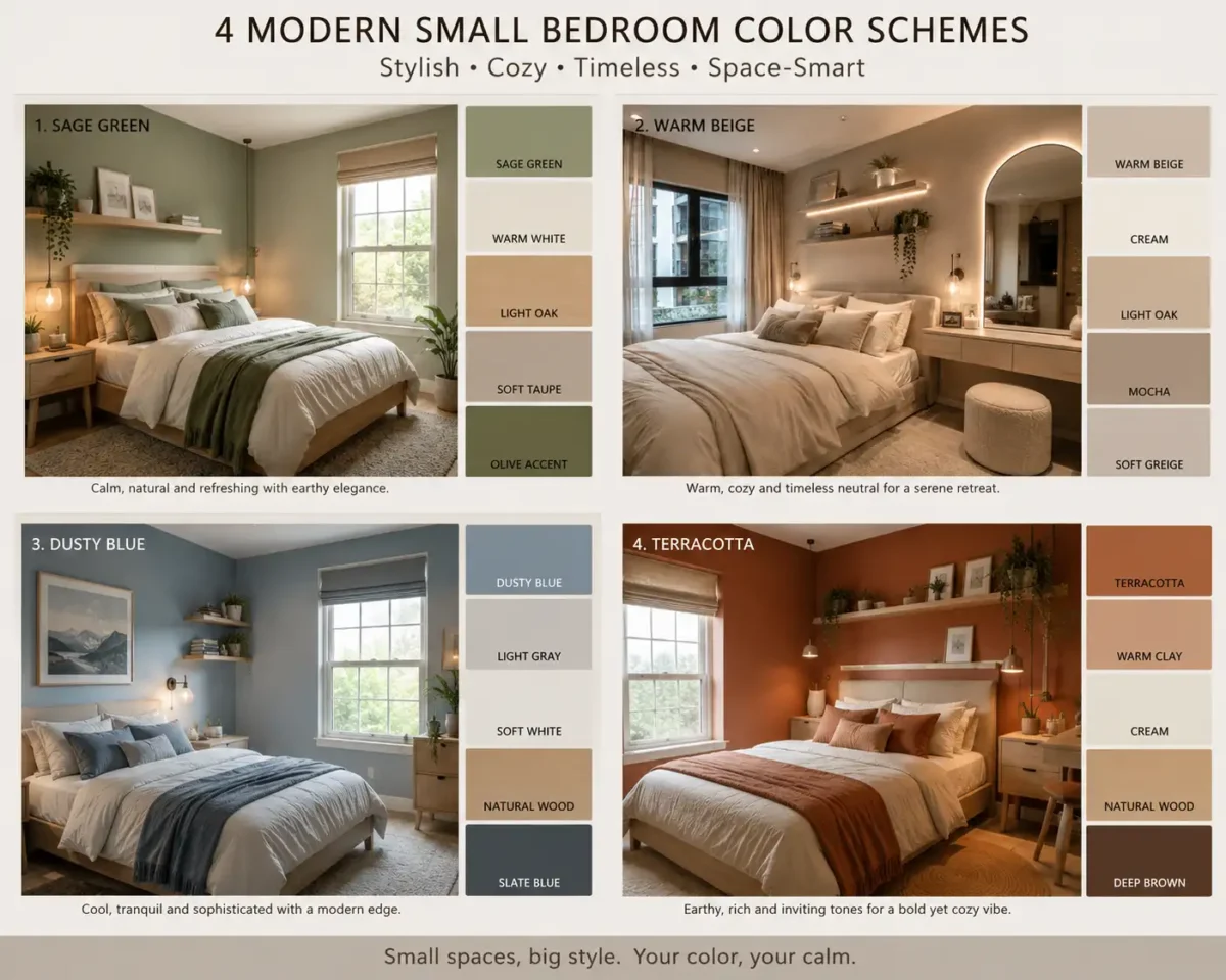 Interior design mood board featuring four modern small bedroom color schemes in sage green, warm beige, dusty blue, and terracotta with coordinating paint swatches and realistic bedroom inspiration.