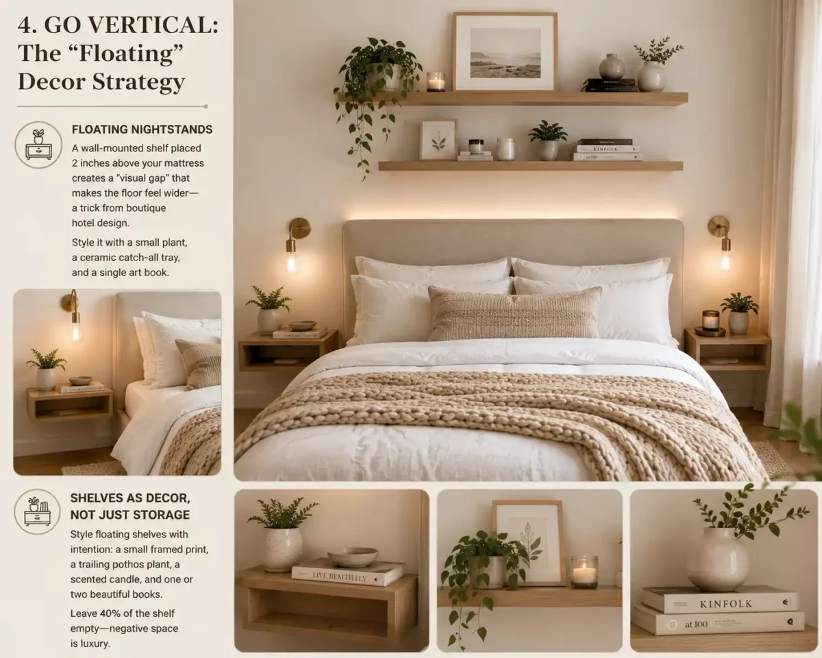 Modern small bedroom featuring floating shelves, wall-mounted nightstands, neutral bedding, and Scandinavian-inspired decor to maximize vertical storage and save floor space.