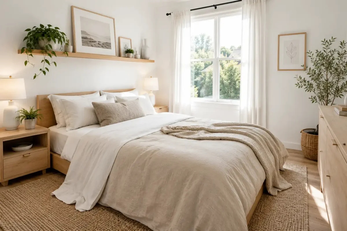 Close-up of a luxury layered bed featuring a linen duvet, chunky knit blanket, textured neutral pillows, and cozy Scandinavian-inspired bedroom styling.