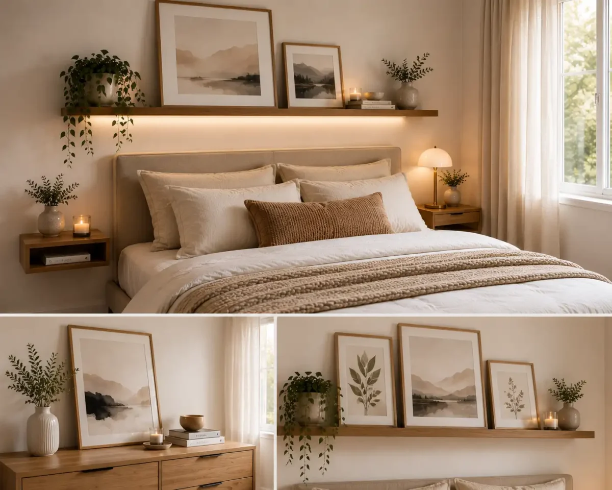 Modern Scandinavian bedroom featuring oversized framed artwork, floating shelves with leaning prints, neutral decor, and cozy minimalist styling.