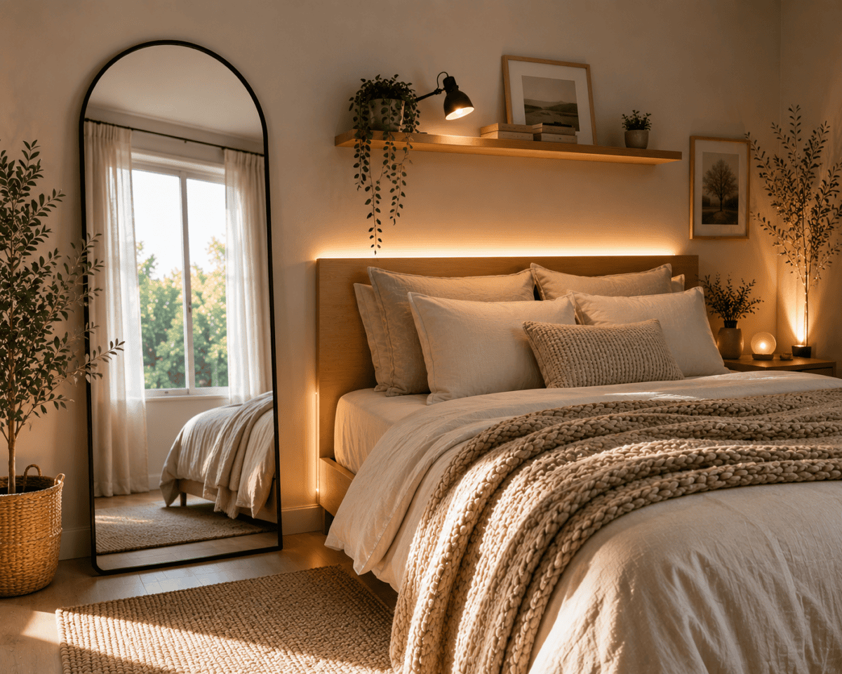 Modern small bedroom featuring a full-length arched mirror, warm LED headboard lighting, floating shelf with task lamp, and cozy Scandinavian-inspired neutral decor.