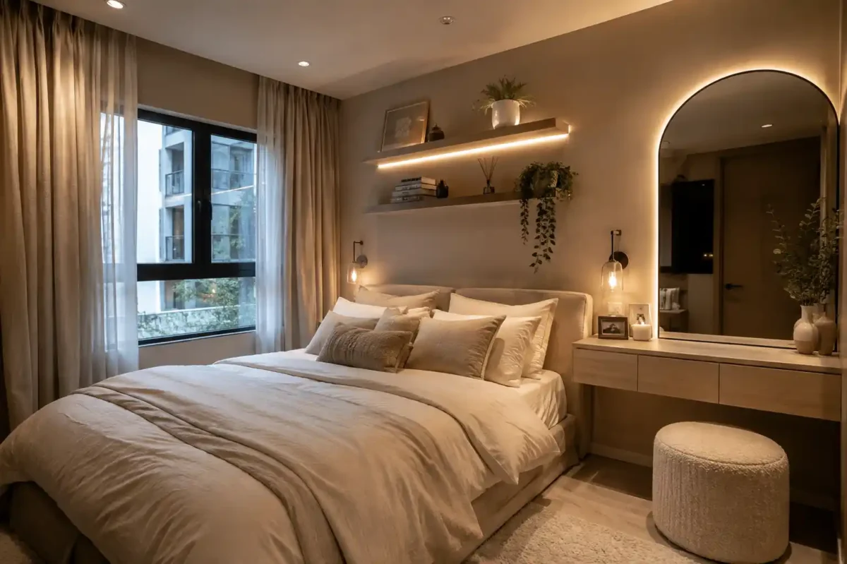 Ultra-realistic modern Scandinavian small bedroom featuring soft beige walls, floating shelves, an arched mirror, warm LED lighting, and cozy minimalist bedding.