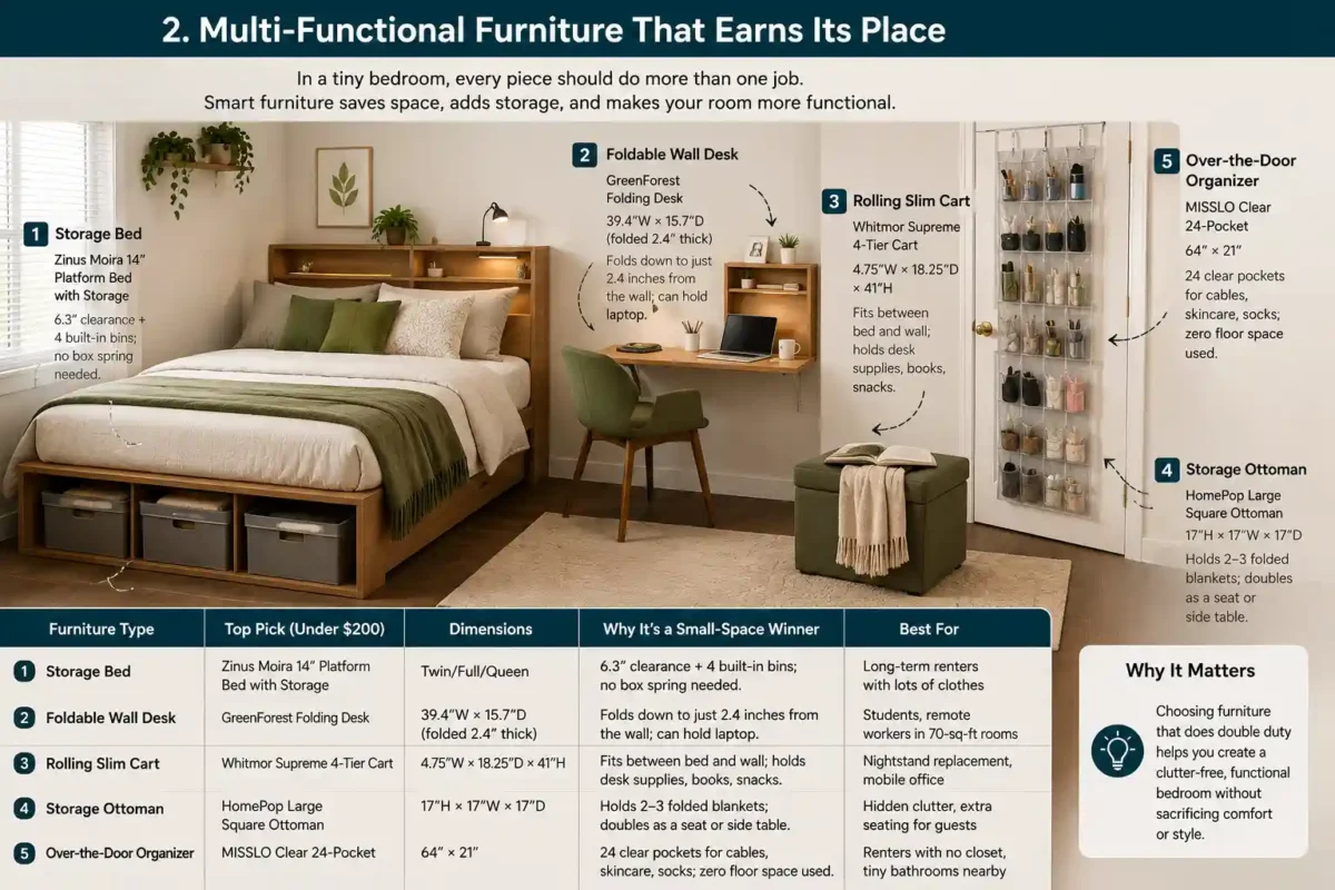 Modern small bedroom featuring a storage bed with built-in bins, space-saving furniture, and organized storage solutions for maximizing space in a compact apartment.