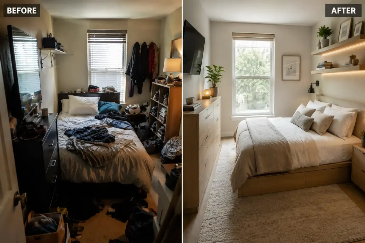 Split-screen comparison showing a cluttered small bedroom before organization and a modern Scandinavian-style bedroom after renovation with smart storage and minimalist decor.