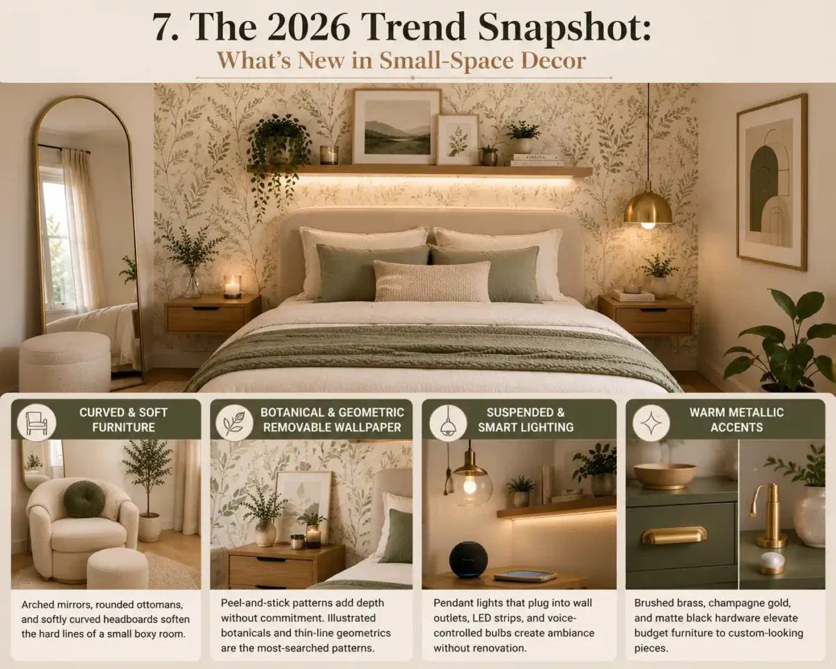 Modern small bedroom featuring curved furniture, botanical wallpaper, warm metallic accents, pendant lighting, and Scandinavian-inspired minimalist decor.
