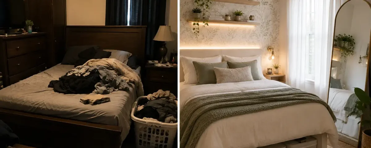 Side-by-side comparison of a cluttered dark bedroom and a bright modern small bedroom featuring botanical wallpaper, floating shelves, sheer curtains, layered lighting, and minimalist decor.