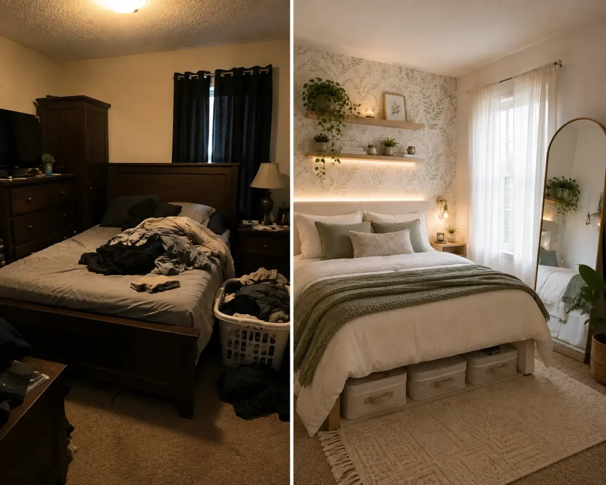 Side-by-side comparison of a cluttered dark bedroom and a bright modern small bedroom featuring botanical wallpaper, floating shelves, sheer curtains, layered lighting, and minimalist decor.