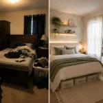 Side-by-side comparison of a cluttered dark bedroom and a bright modern small bedroom featuring botanical wallpaper, floating shelves, sheer curtains, layered lighting, and minimalist decor.