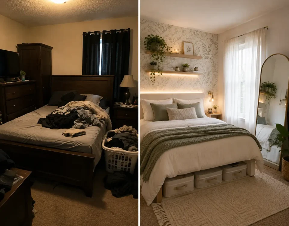 Side-by-side comparison of a cluttered dark bedroom and a bright modern small bedroom featuring botanical wallpaper, floating shelves, sheer curtains, layered lighting, and minimalist decor.