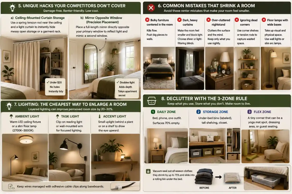 Infographic showing unique small bedroom storage hacks, common decorating mistakes, layered lighting ideas, and the 3-zone decluttering method for tiny bedrooms.