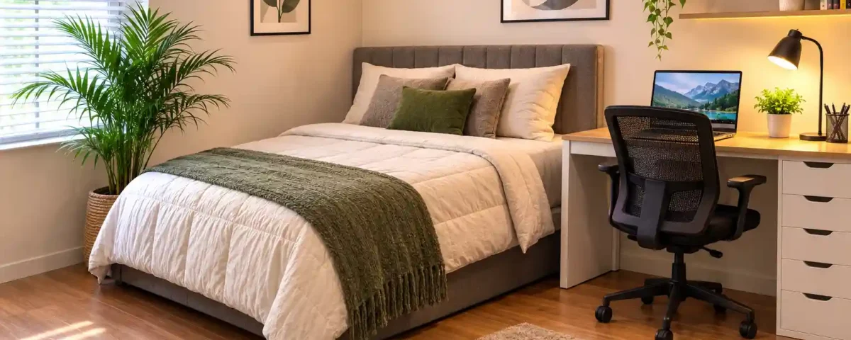 Small bedroom with the bed placed in the corner, a compact study desk, floating shelves, and modern décor to maximize floor space in a tiny apartment.