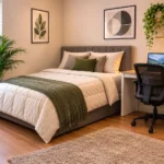 Small bedroom with the bed placed in the corner, a compact study desk, floating shelves, and modern décor to maximize floor space in a tiny apartment.