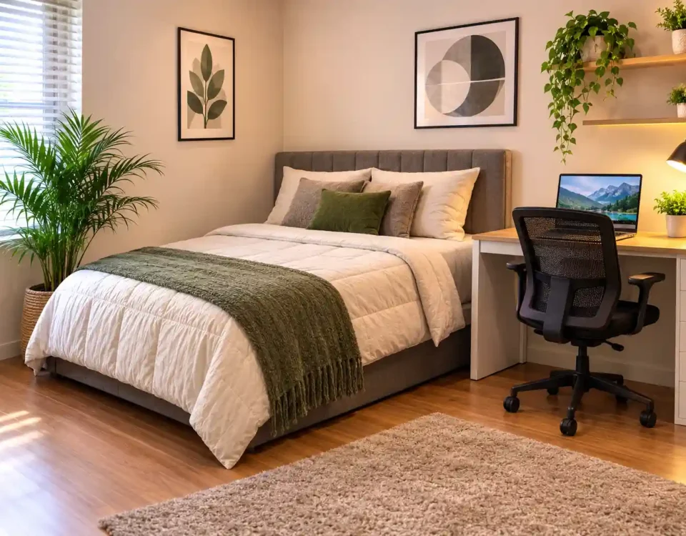 Small bedroom with the bed placed in the corner, a compact study desk, floating shelves, and modern décor to maximize floor space in a tiny apartment.